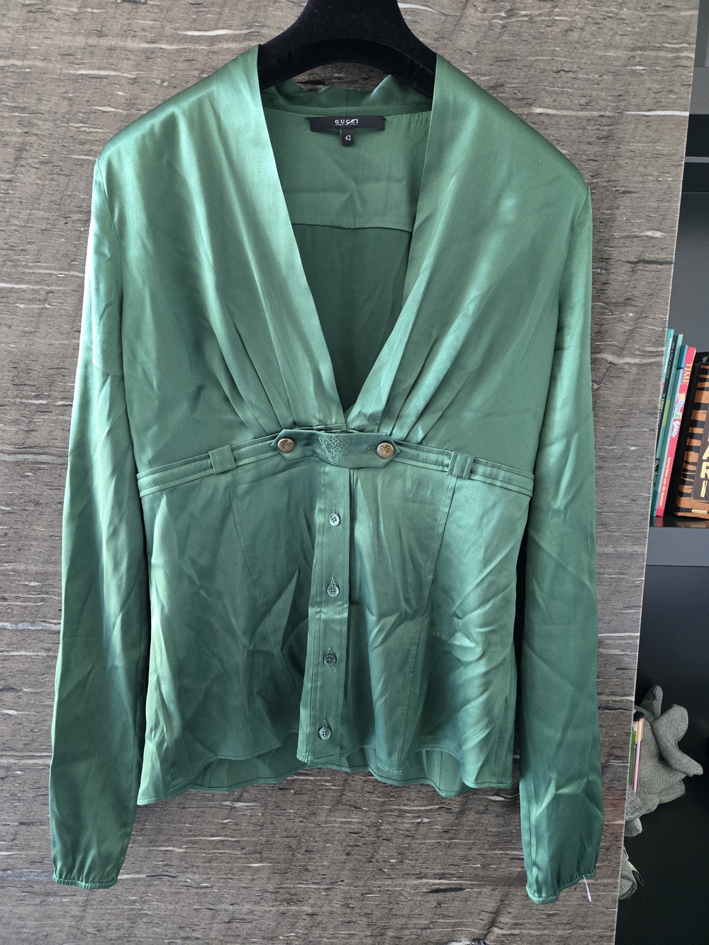 Gucci Vintagen Green Satin Button-Up Blouse